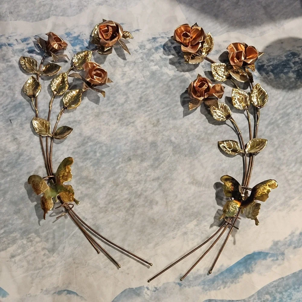 Vintage Metal Rose Wall Decor‎ Gold Copper Butterflies Floral Hanging 20